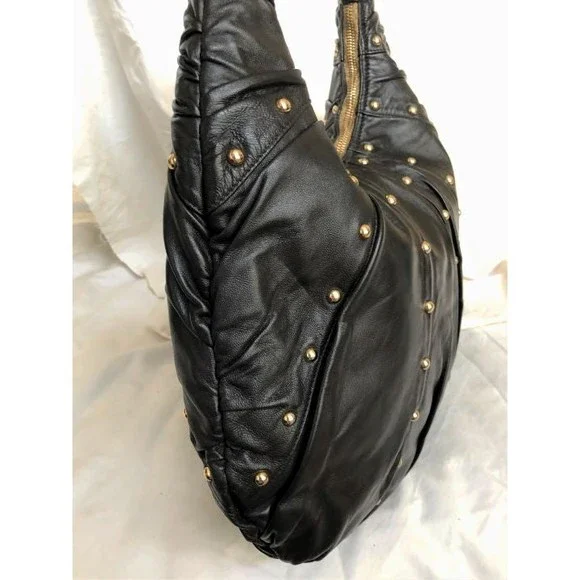Goldenbleu Black Leather Studded Hobo